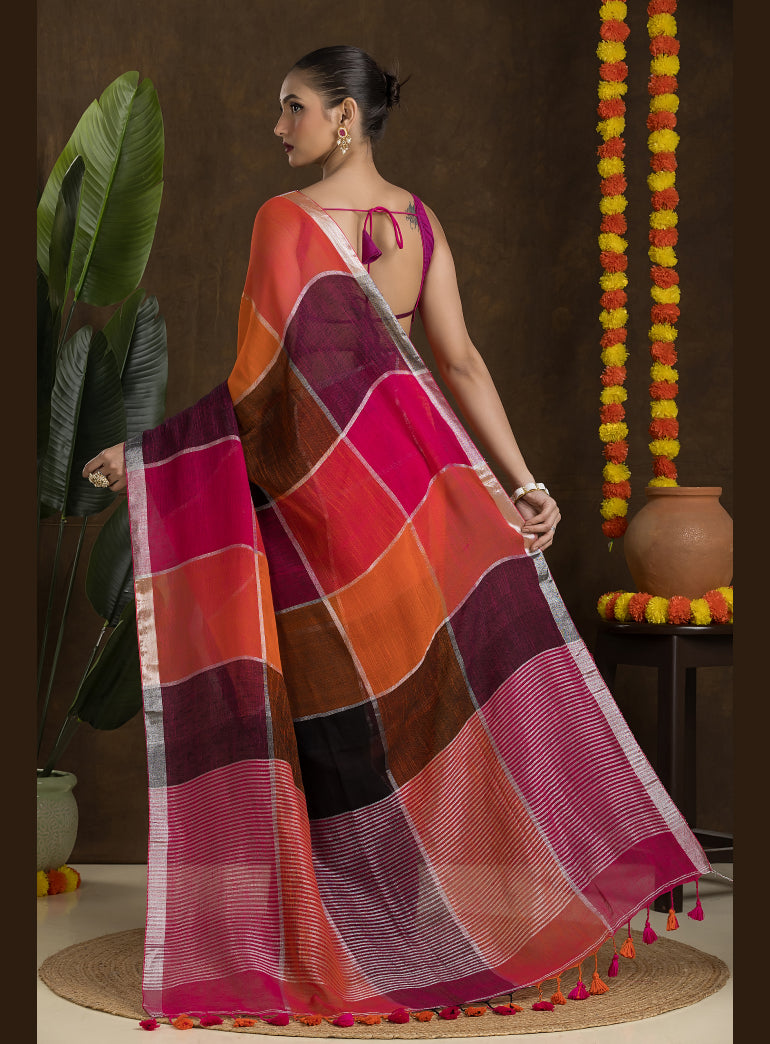 Multicolor Checkered Linen Saree with Silver Zari