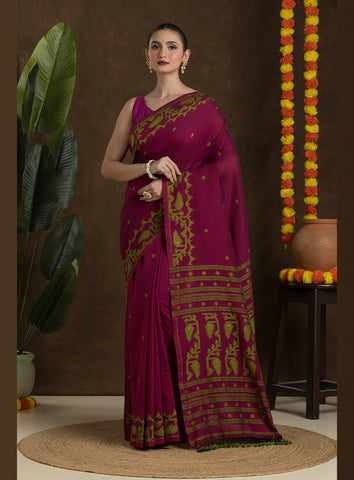 Wine and Green Jamdani Saree