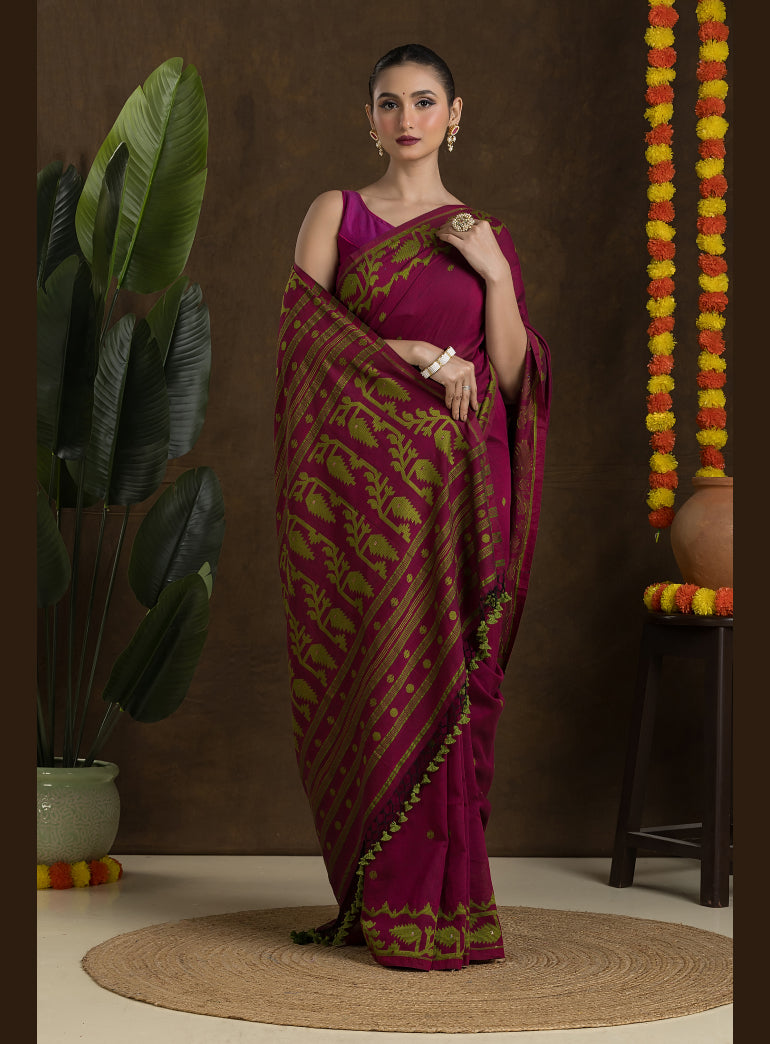 Wine and Green Jamdani Saree
