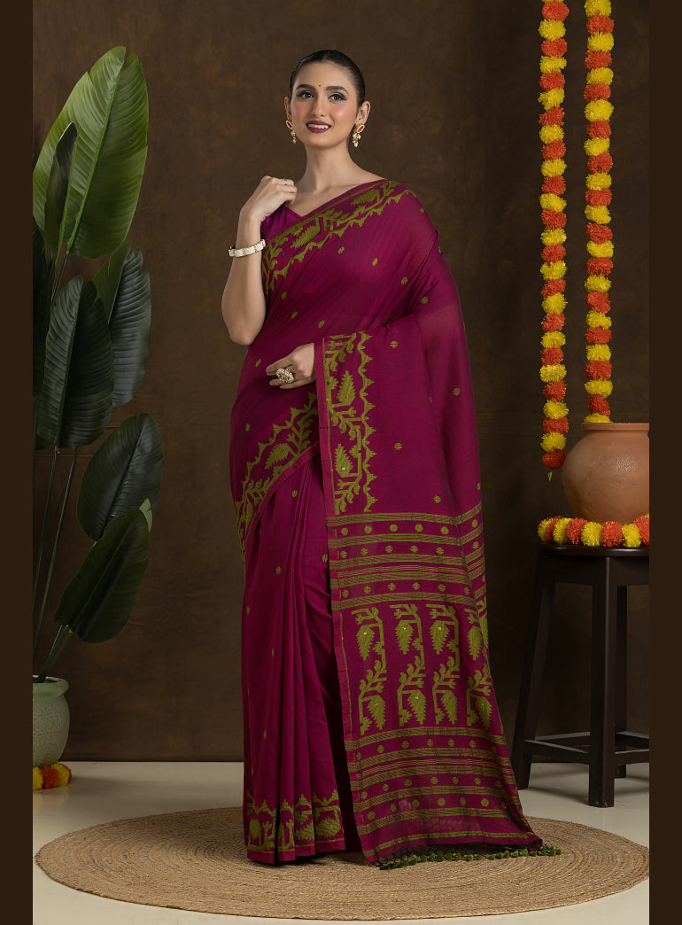 Wine and Green Jamdani Saree
