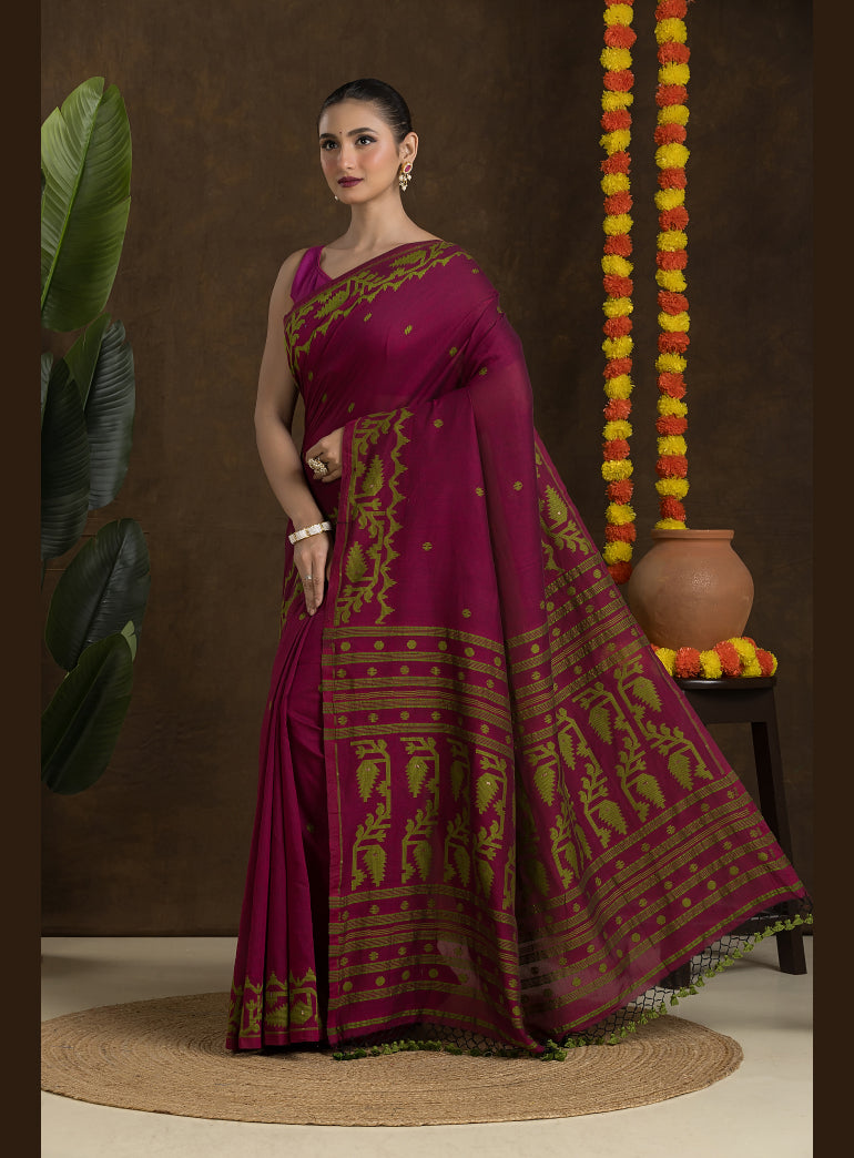 Wine and Green Jamdani Saree