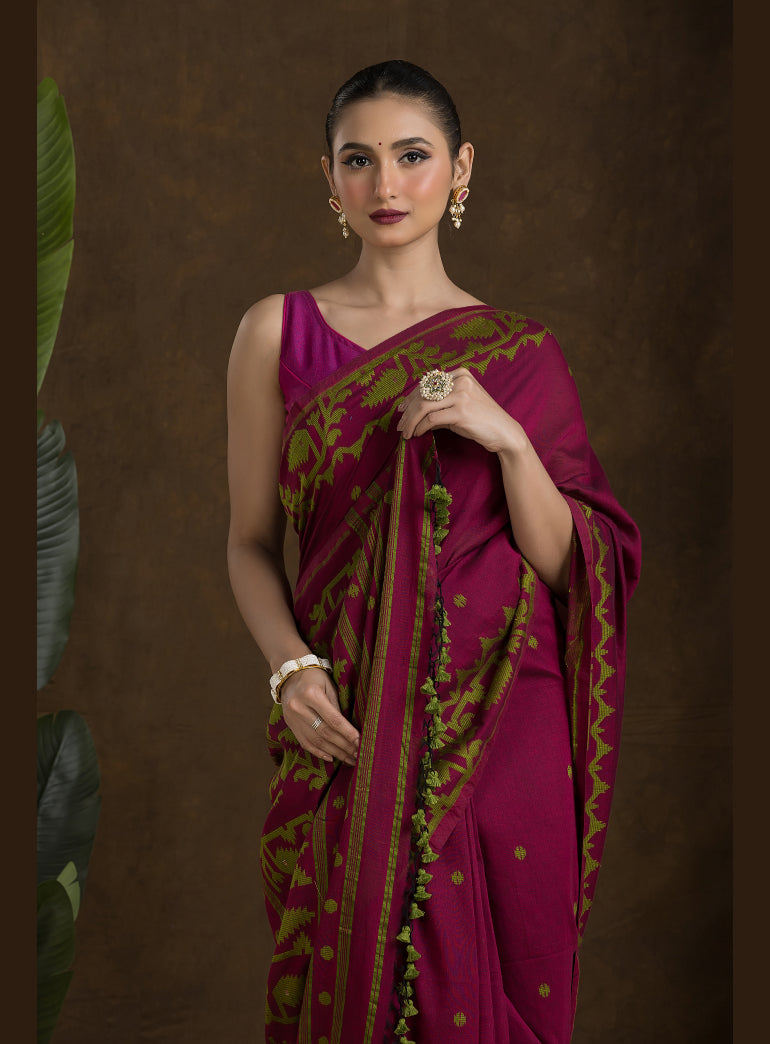 Wine and Green Jamdani Saree