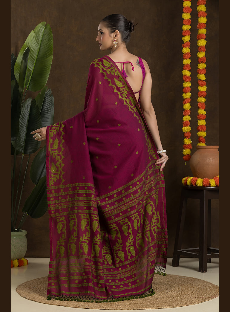 Wine and Green Jamdani Saree