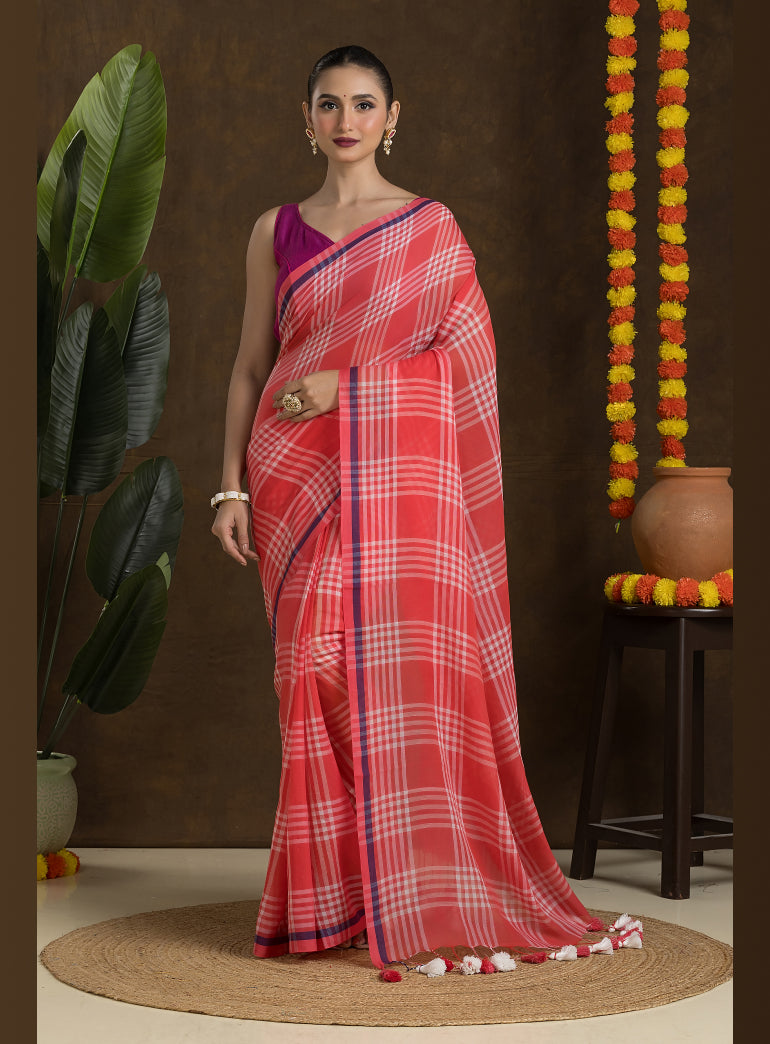Coral Red Fine Cotton Saree