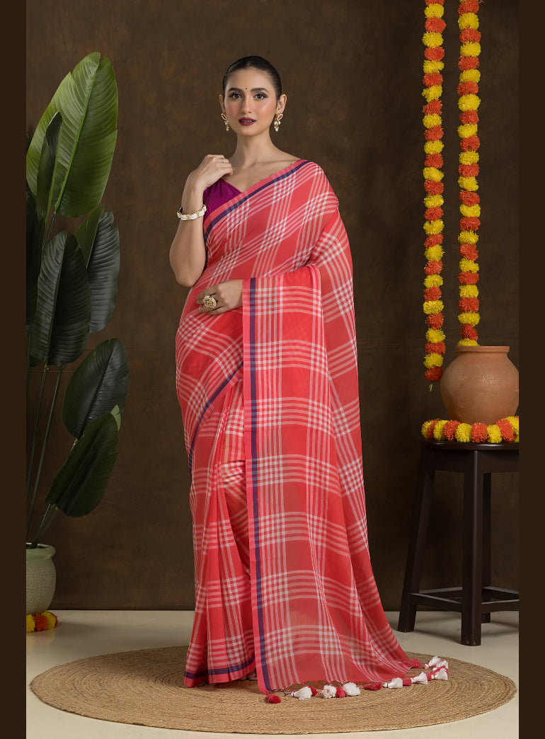 Coral Red Fine Cotton Saree