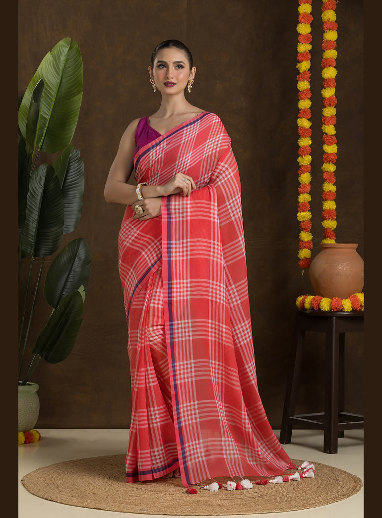 Coral Red Fine Cotton Saree