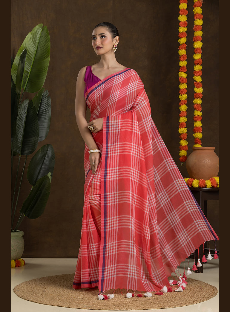 Coral Red Fine Cotton Saree