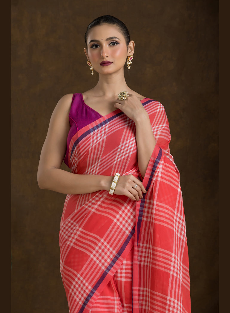 Coral Red Fine Cotton Saree