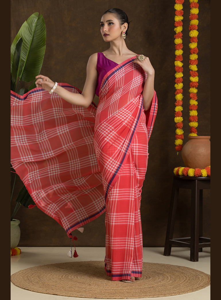 Coral Red Fine Cotton Saree