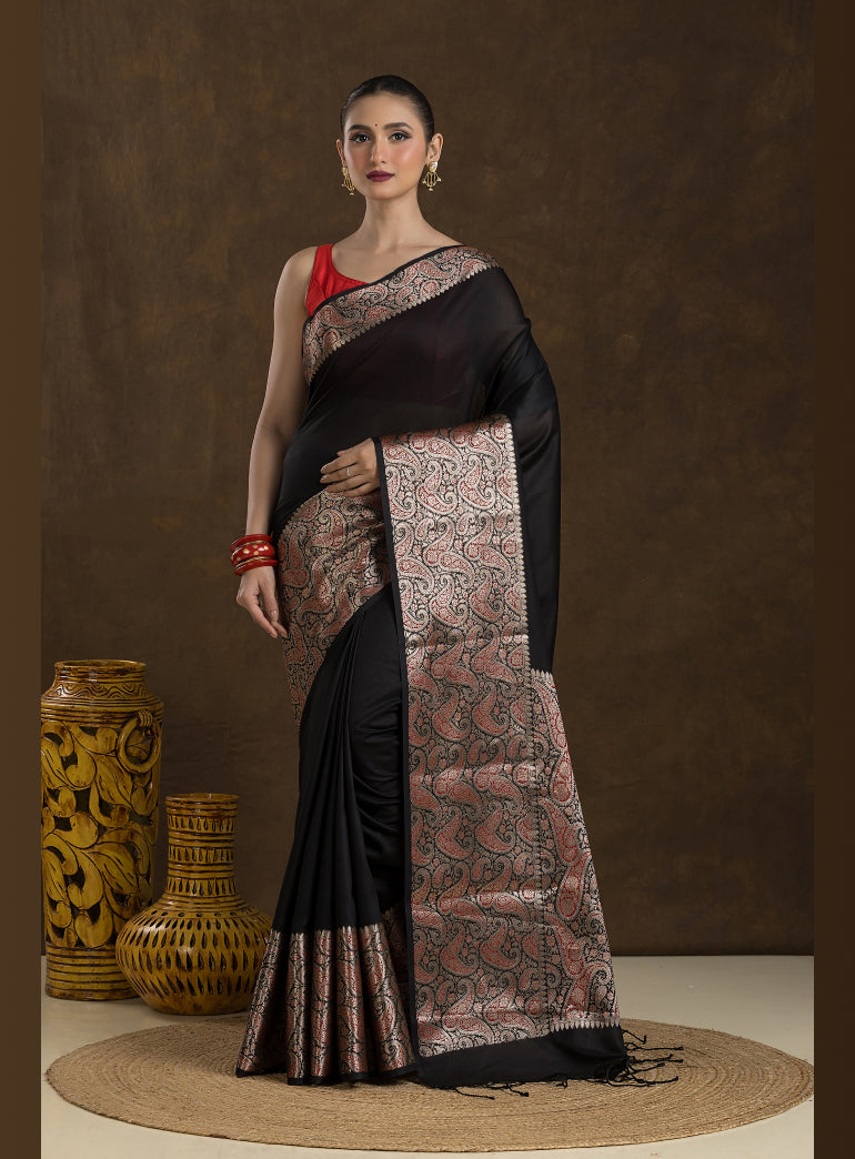 Jet Black Matka Blended Silk Saree