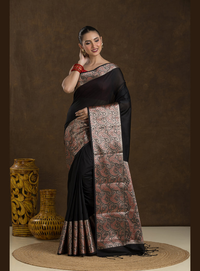 Jet Black Matka Blended Silk Saree