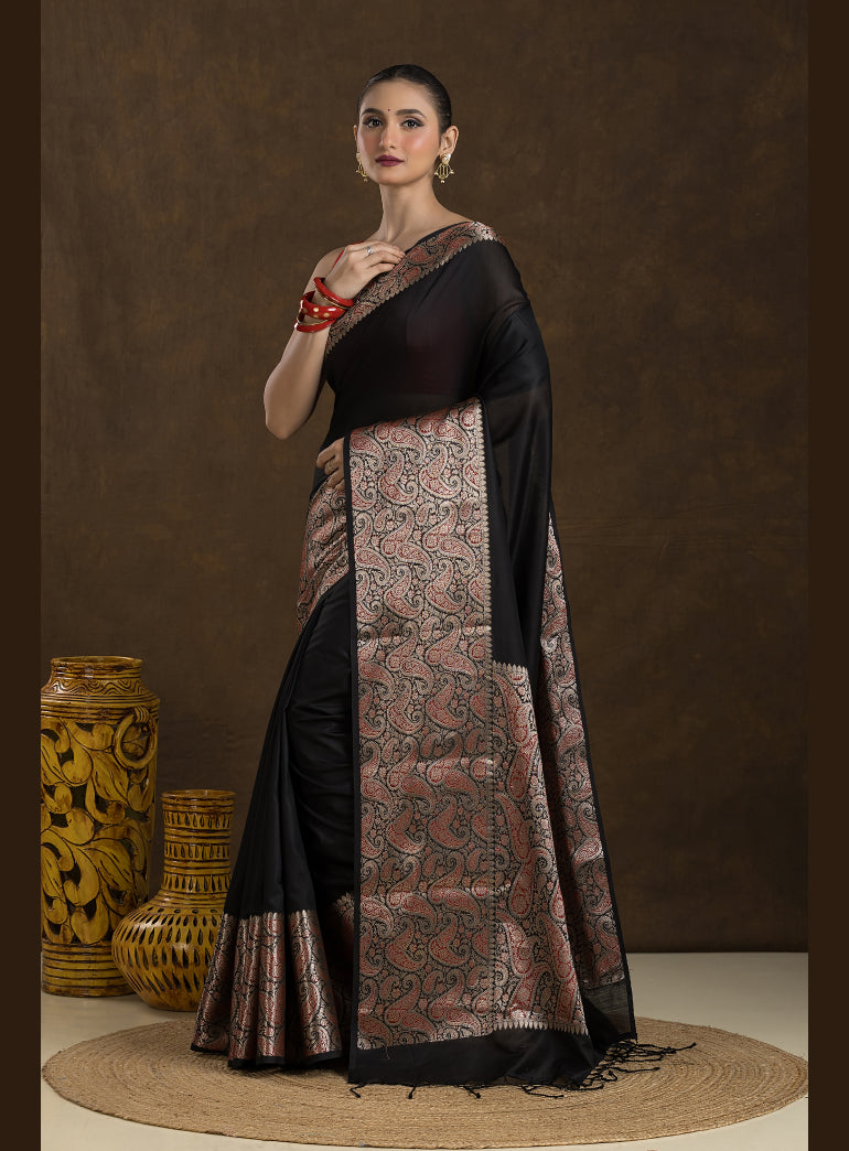 Jet Black Matka Blended Silk Saree