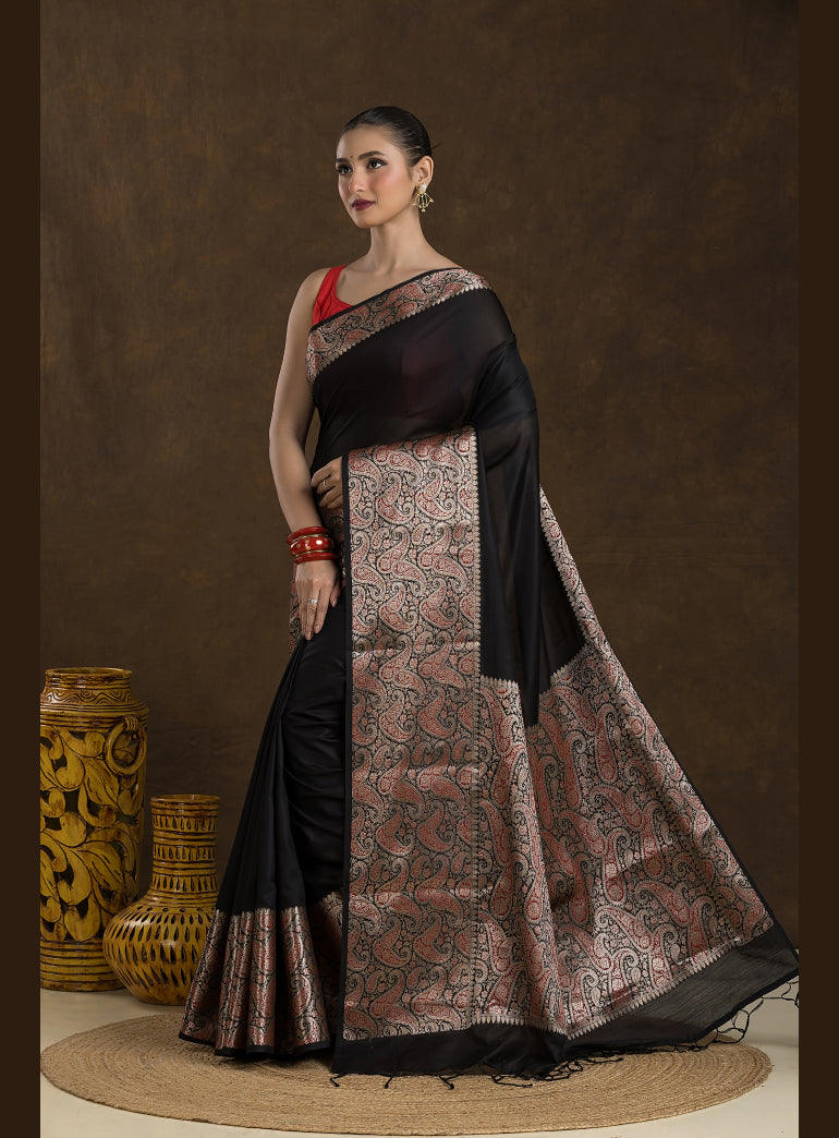 Jet Black Matka Blended Silk Saree