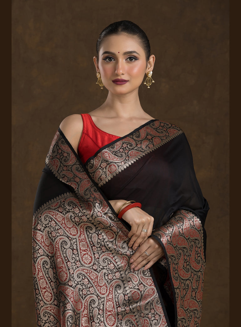 Jet Black Matka Blended Silk Saree
