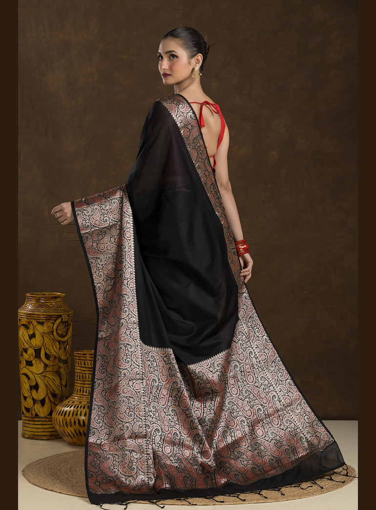 Jet Black Matka Blended Silk Saree