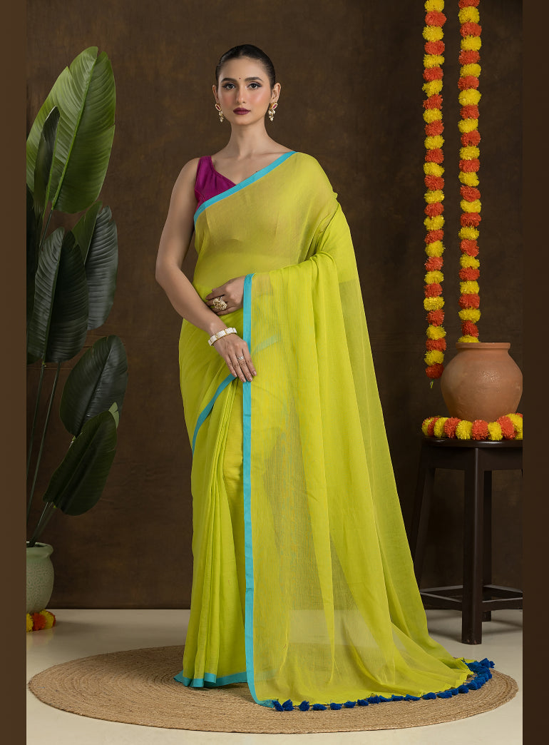Lime Green Mulmul Cotton Saree