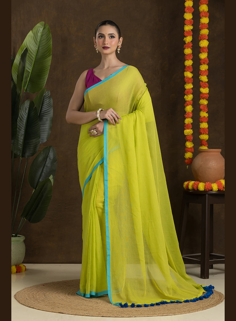 Lime Green Mulmul Cotton Saree