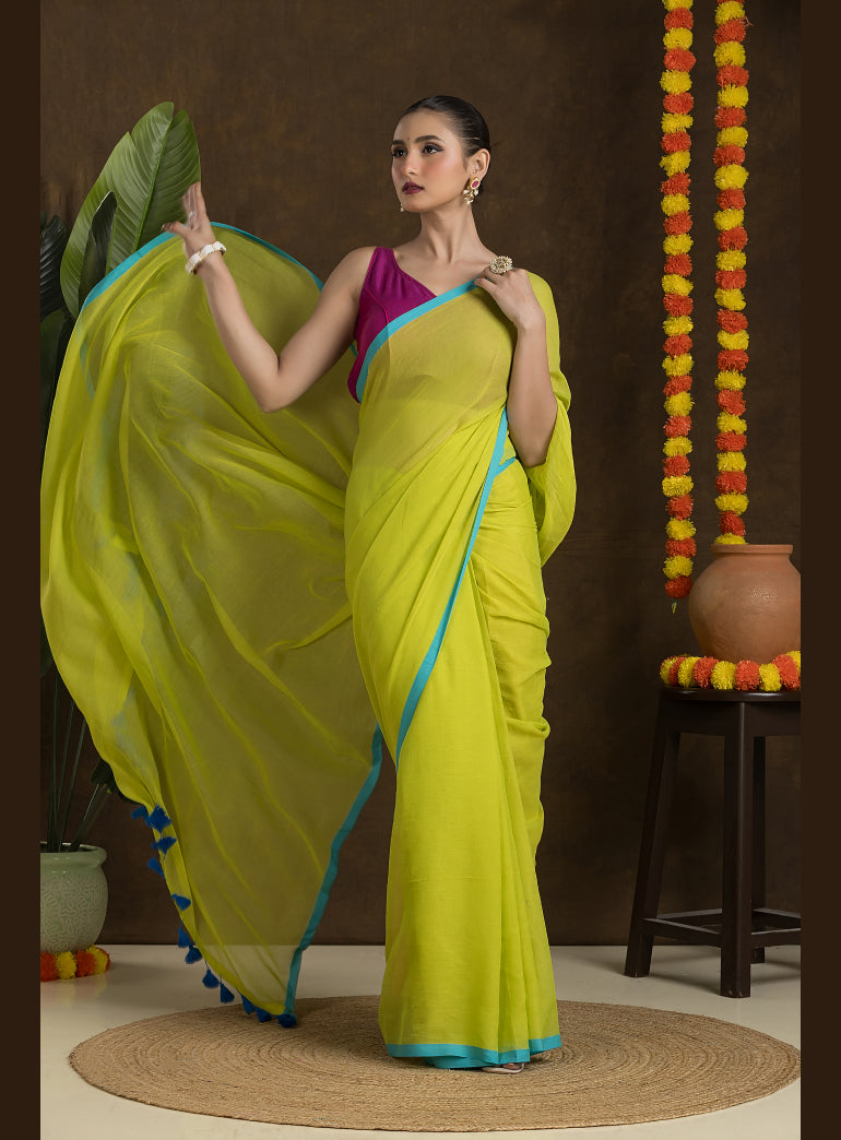 Lime Green Mulmul Cotton Saree