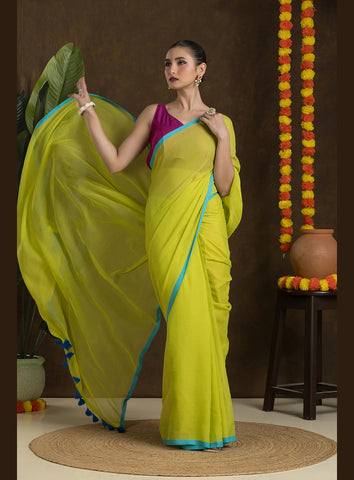 Lime Green Mulmul Cotton Saree