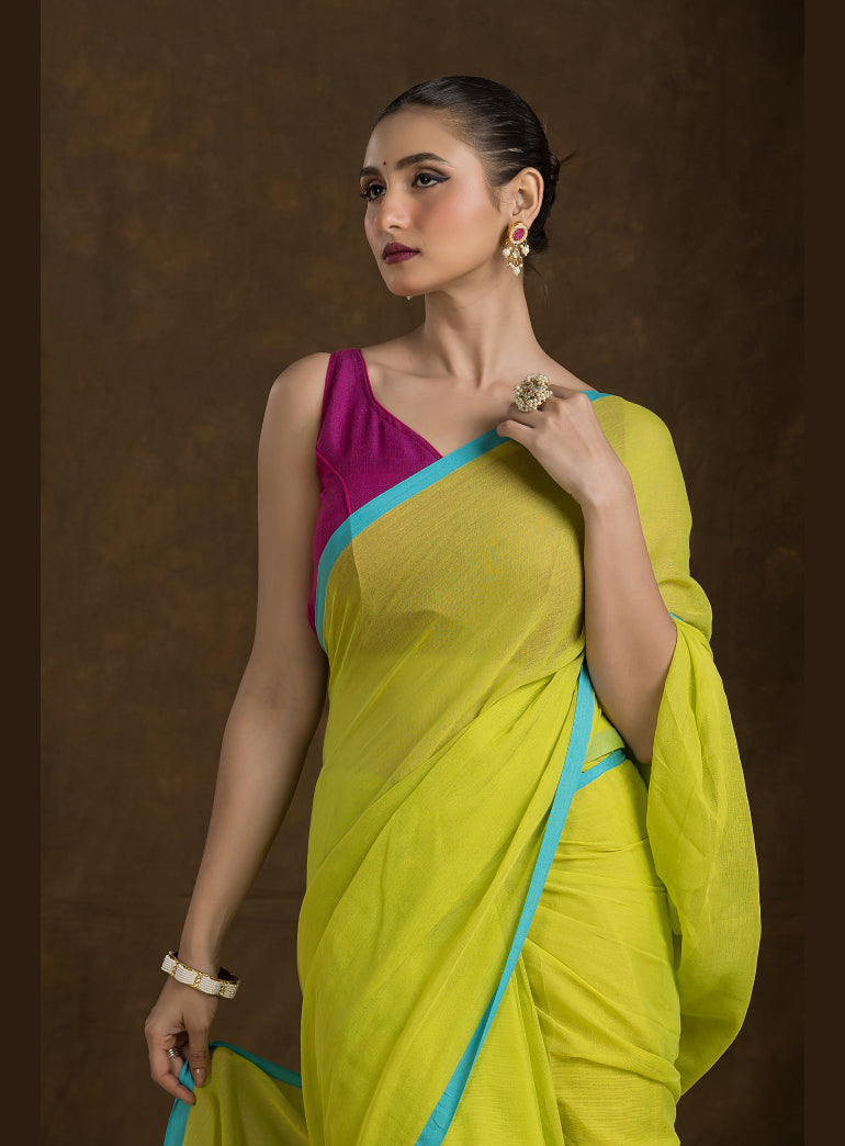 Lime Green Mulmul Cotton Saree