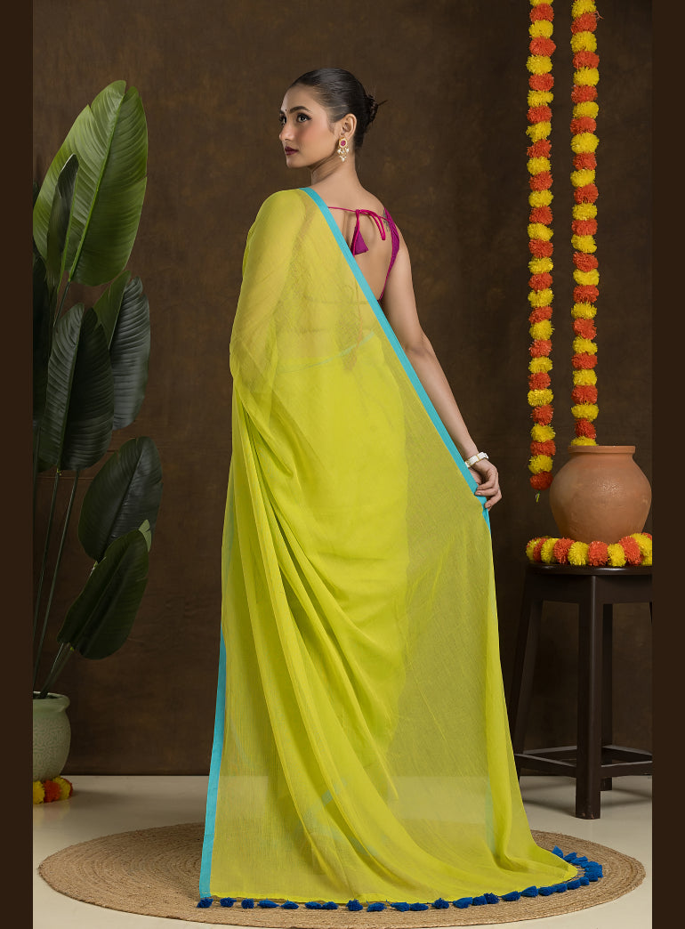 Lime Green Mulmul Cotton Saree