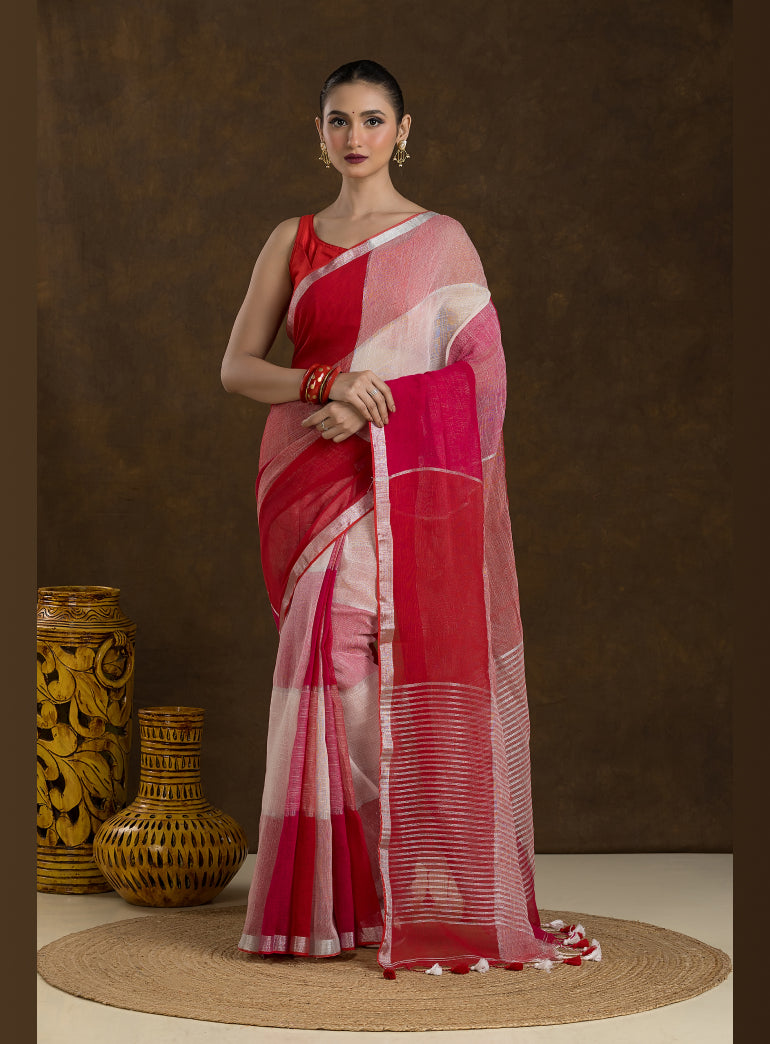 Multi-tone Red Checkered Linen Saree