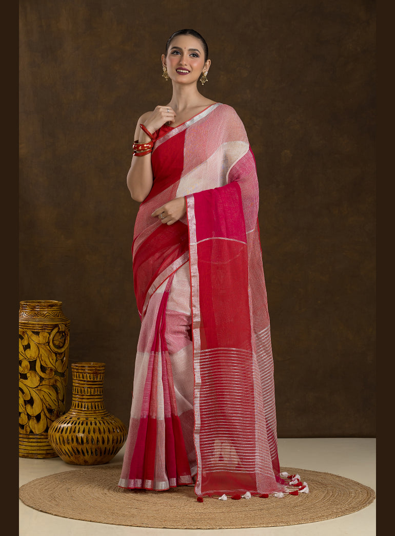 Multi-tone Red Checkered Linen Saree