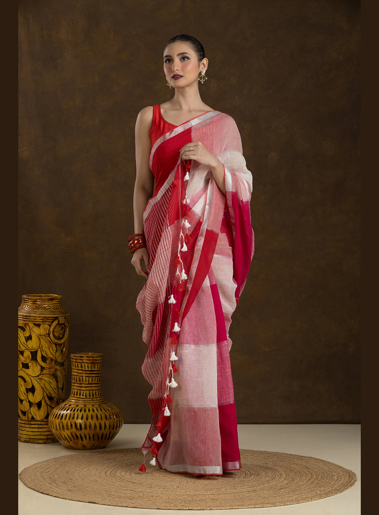 Multi-tone Red Checkered Linen Saree