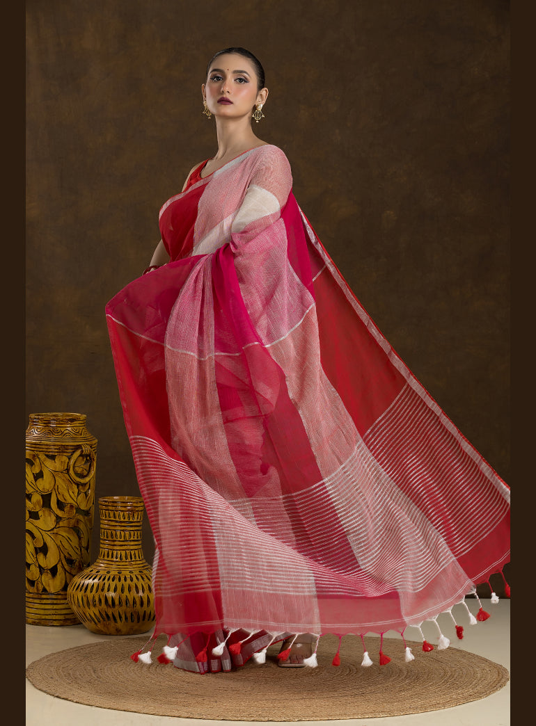 Multi-tone Red Checkered Linen Saree