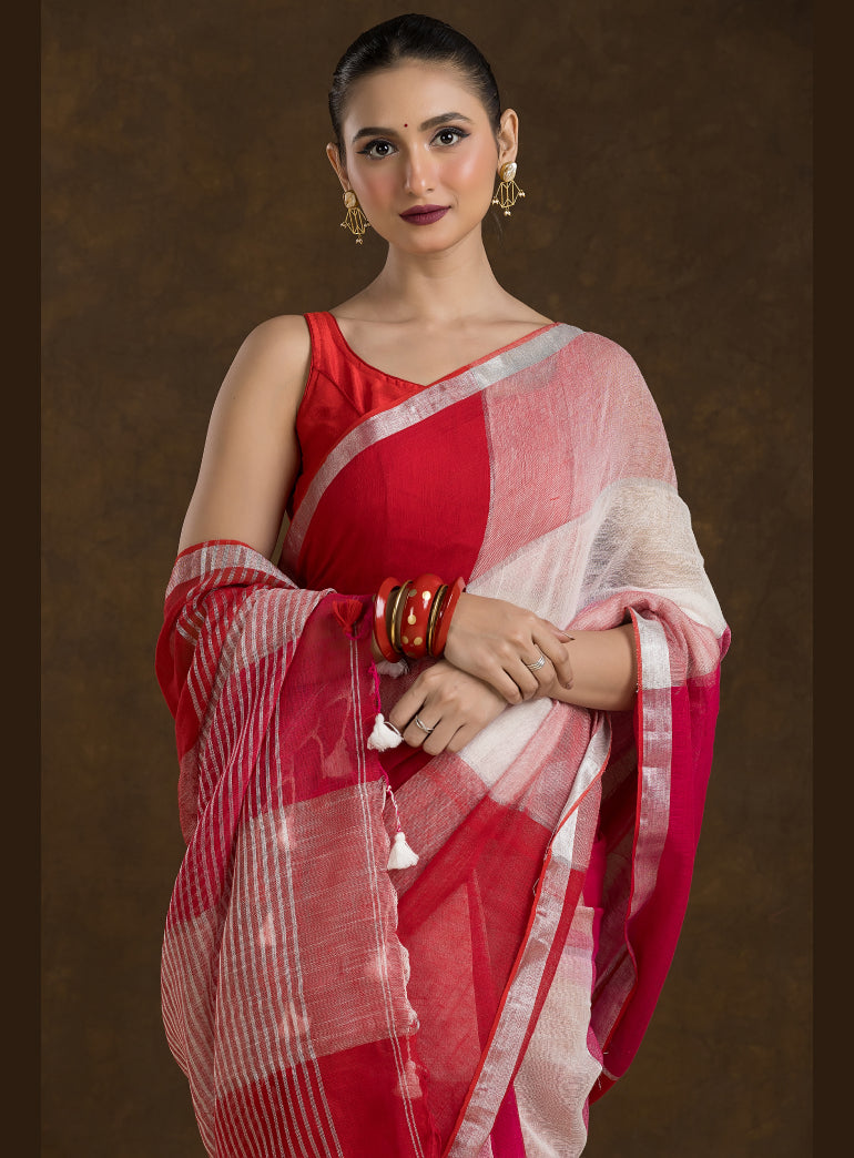 Multi-tone Red Checkered Linen Saree