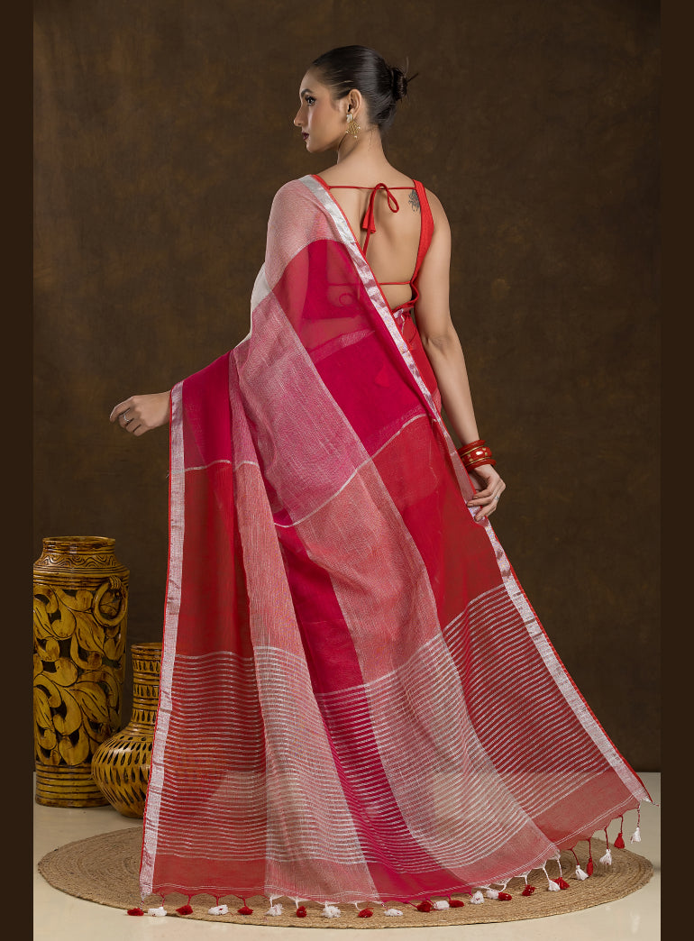 Multi-tone Red Checkered Linen Saree