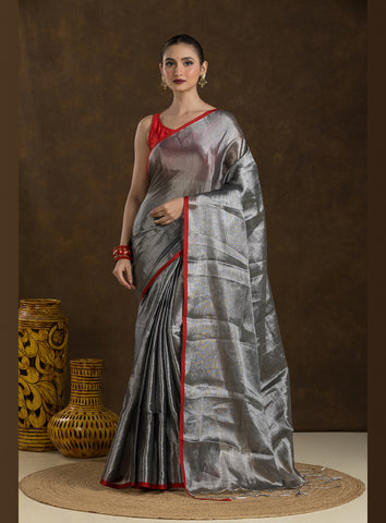 Metallic Silver Raga Mul Tissue Saree