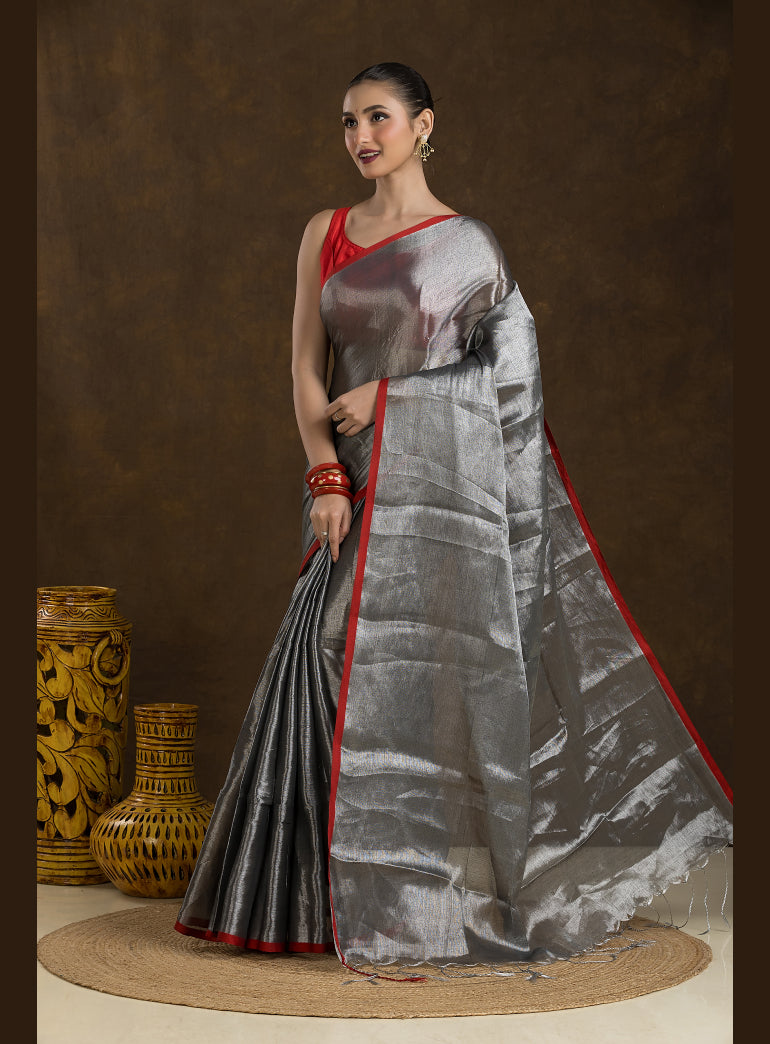 Metallic Silver Raga Mul Tissue Saree