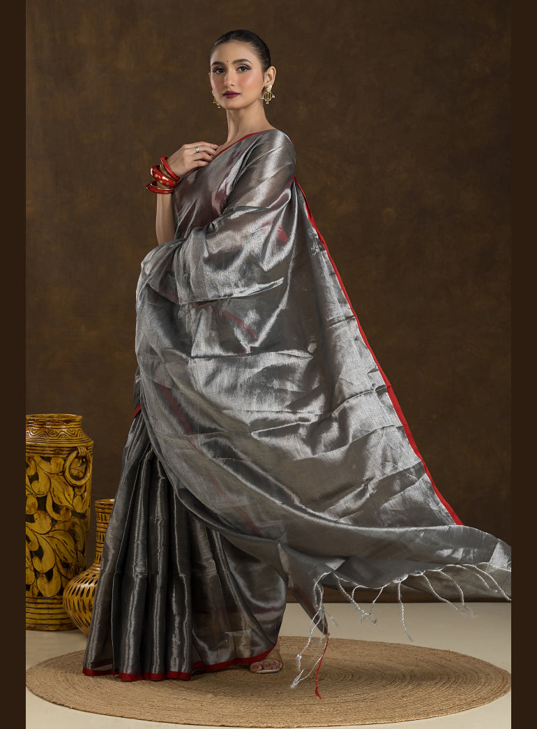 Metallic Silver Raga Mul Tissue Saree