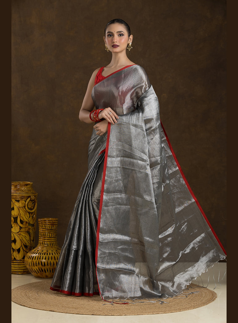Metallic Silver Raga Mul Tissue Saree