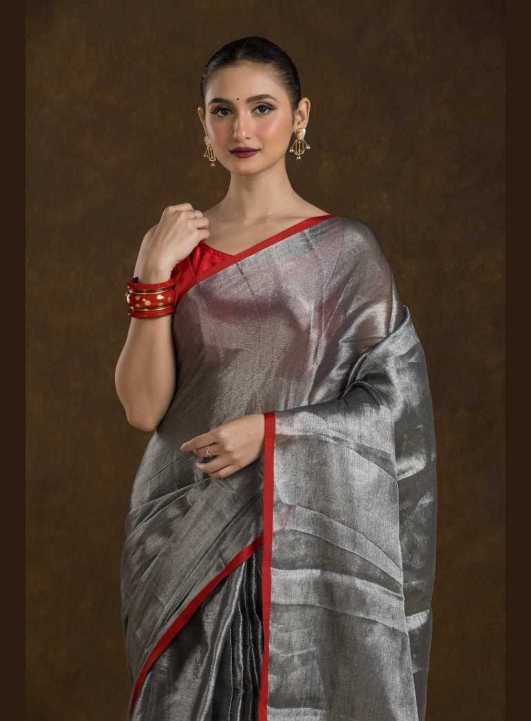 Metallic Silver Raga Mul Tissue Saree