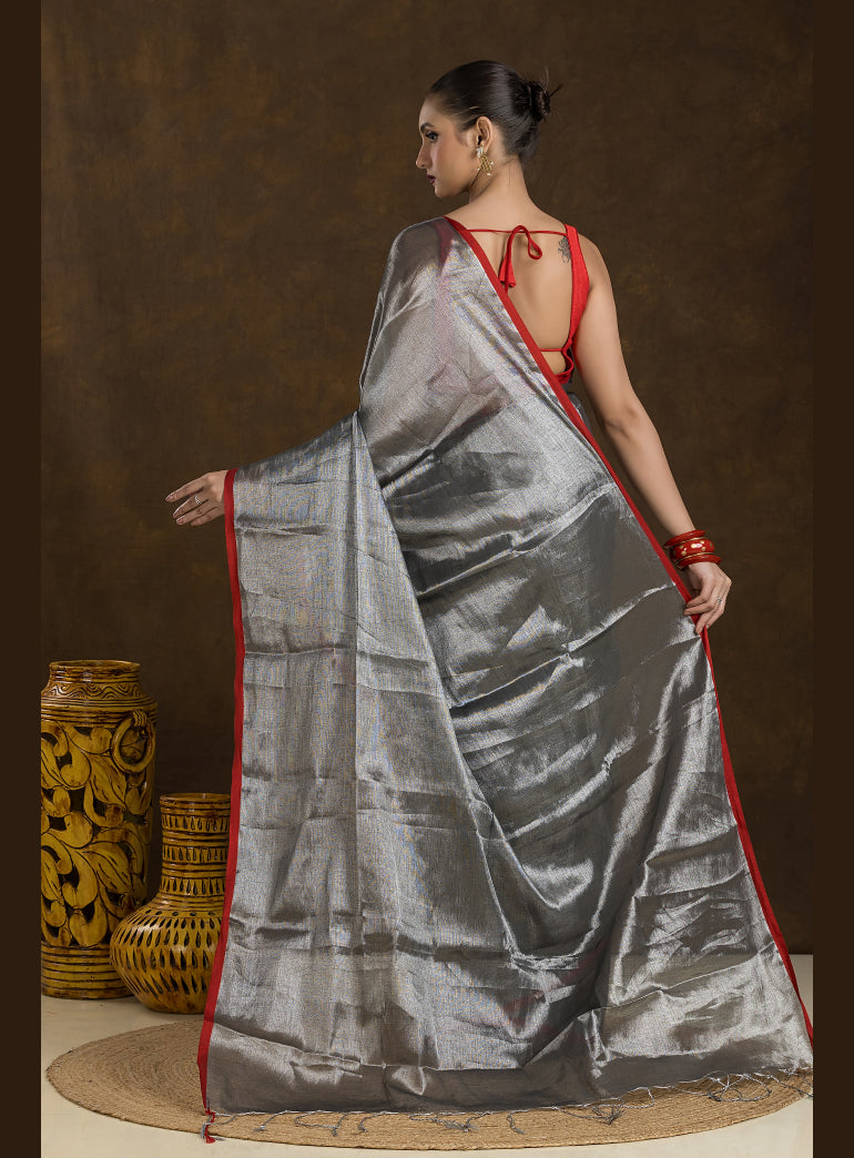 Metallic Silver Raga Mul Tissue Saree