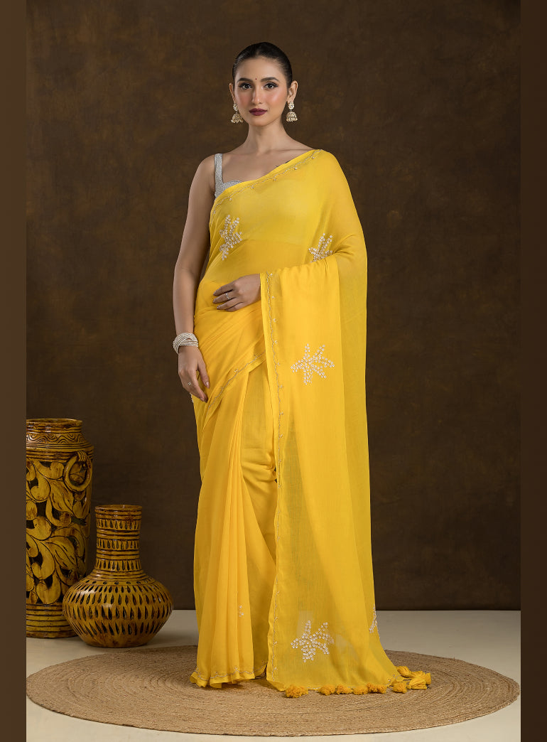Bright Mustard Mulmul Cotton Saree with Embroidery