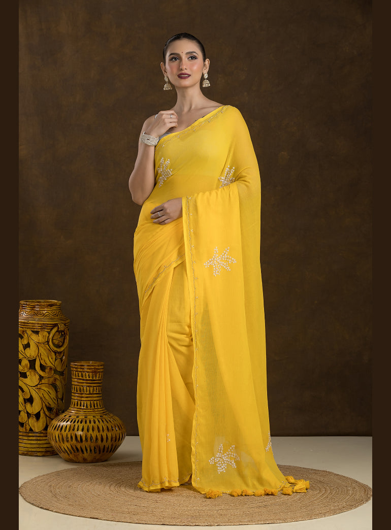 Bright Mustard Mulmul Cotton Saree with Embroidery