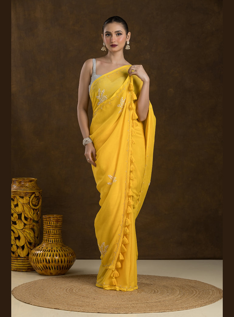 Bright Mustard Mulmul Cotton Saree with Embroidery