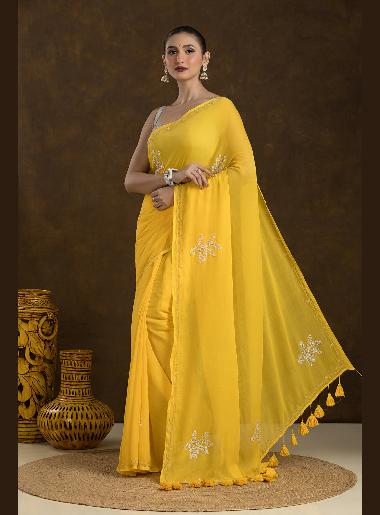 Bright Mustard Mulmul Cotton Saree with Embroidery