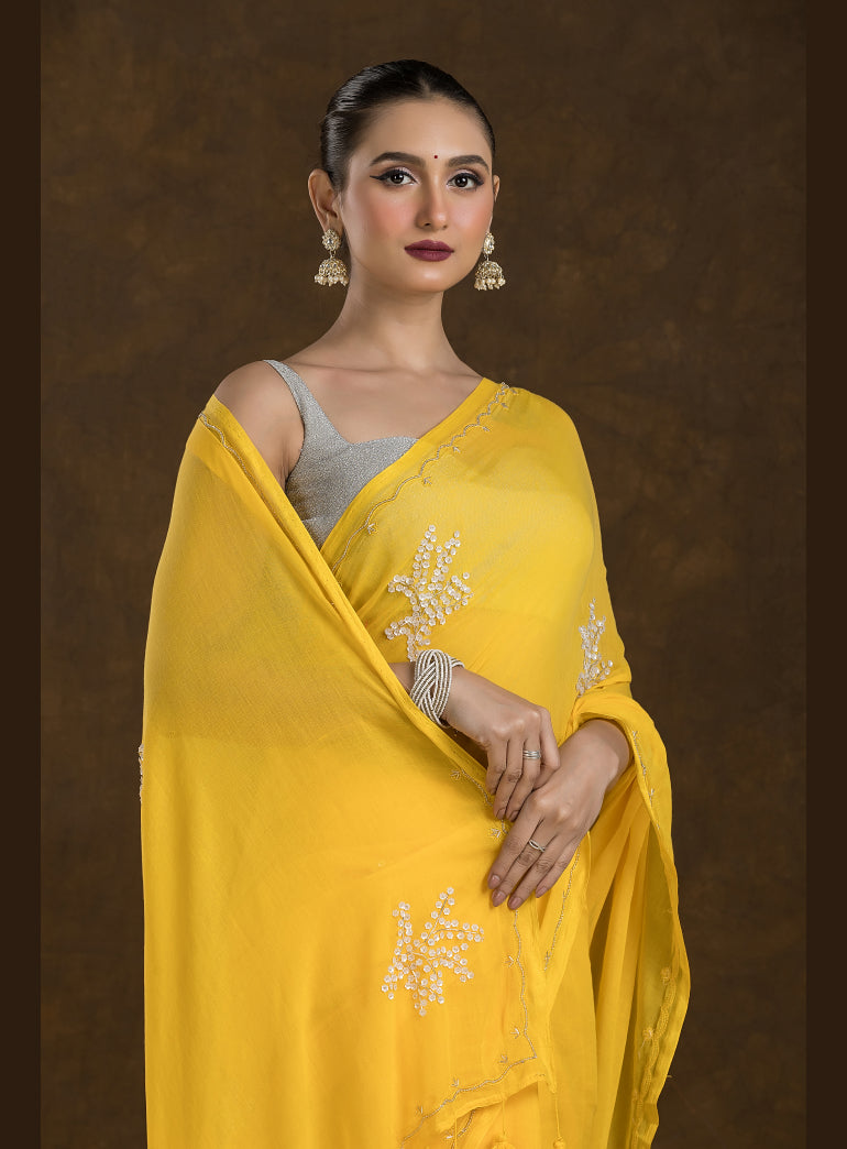 Bright Mustard Mulmul Cotton Saree with Embroidery