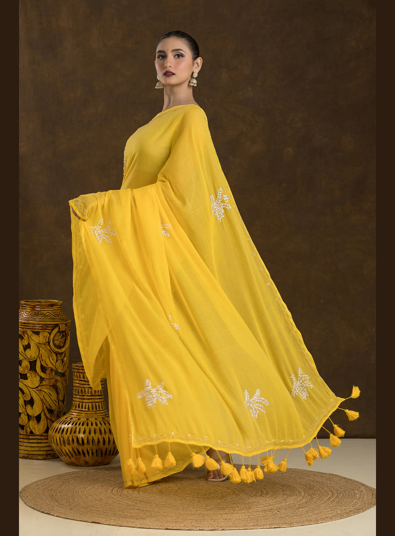 Bright Mustard Mulmul Cotton Saree with Embroidery