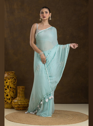 Mint Blue Mulmul Cotton Saree with Hand Embroidery
