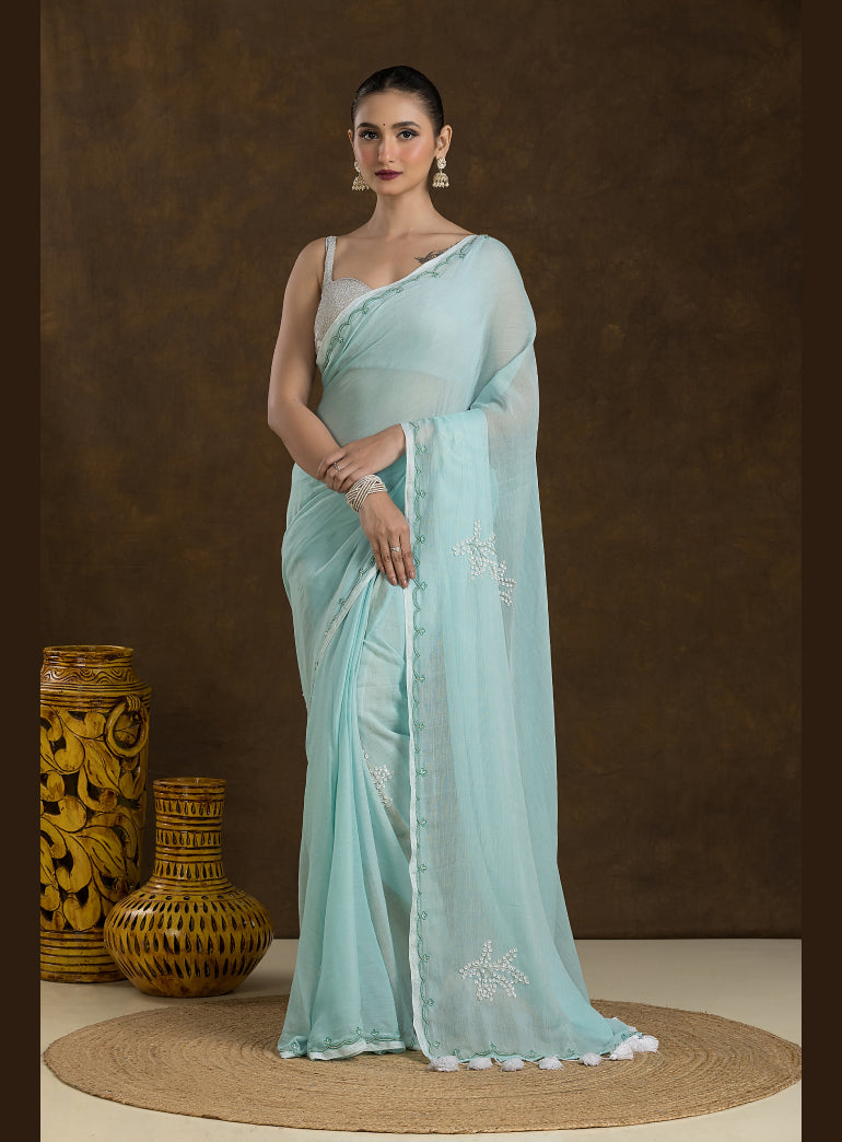 Mint Blue Mulmul Cotton Saree with Hand Embroidery