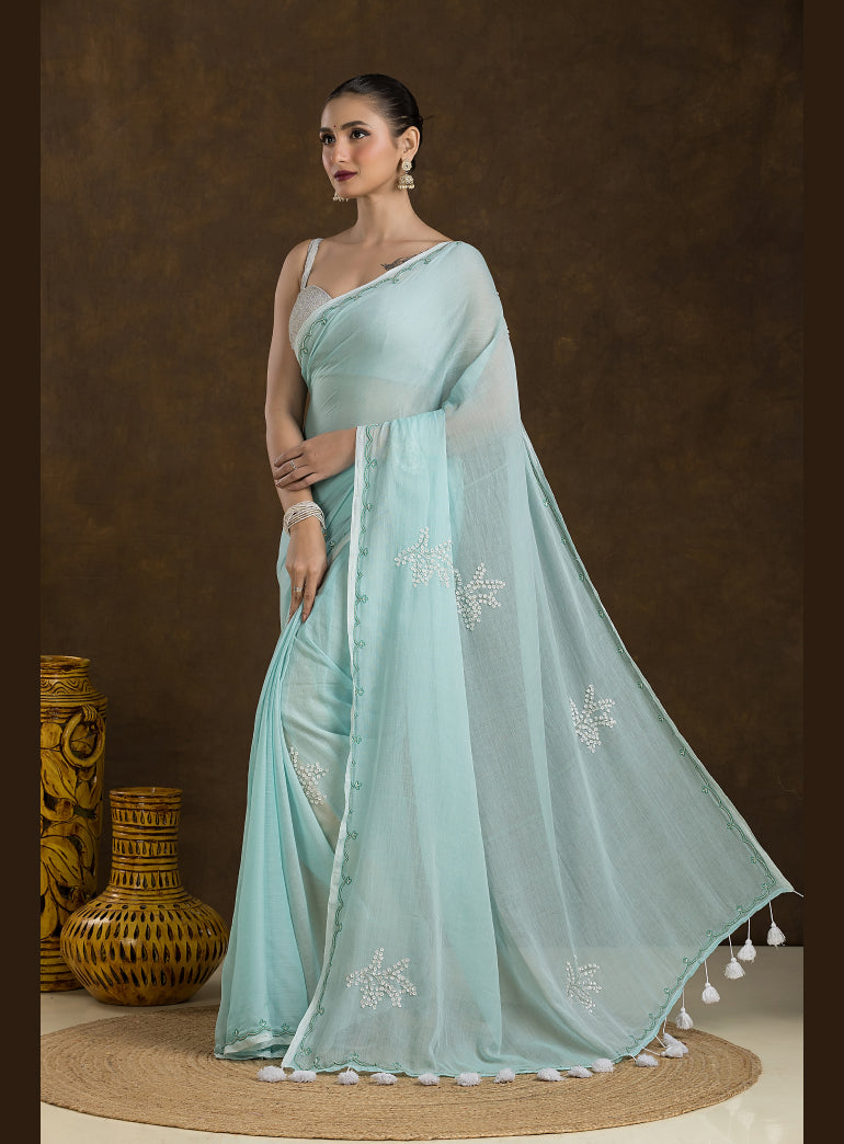 Mint Blue Mulmul Cotton Saree with Hand Embroidery