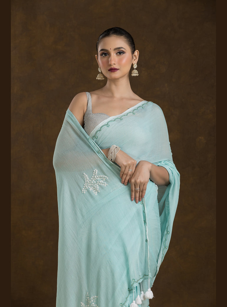 Mint Blue Mulmul Cotton Saree with Hand Embroidery