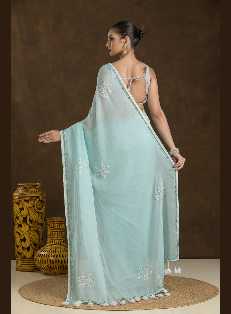 Mint Blue Mulmul Cotton Saree with Hand Embroidery