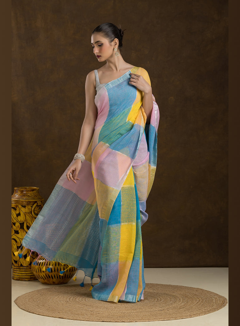 Multi-Coloured Checkered linen Saree