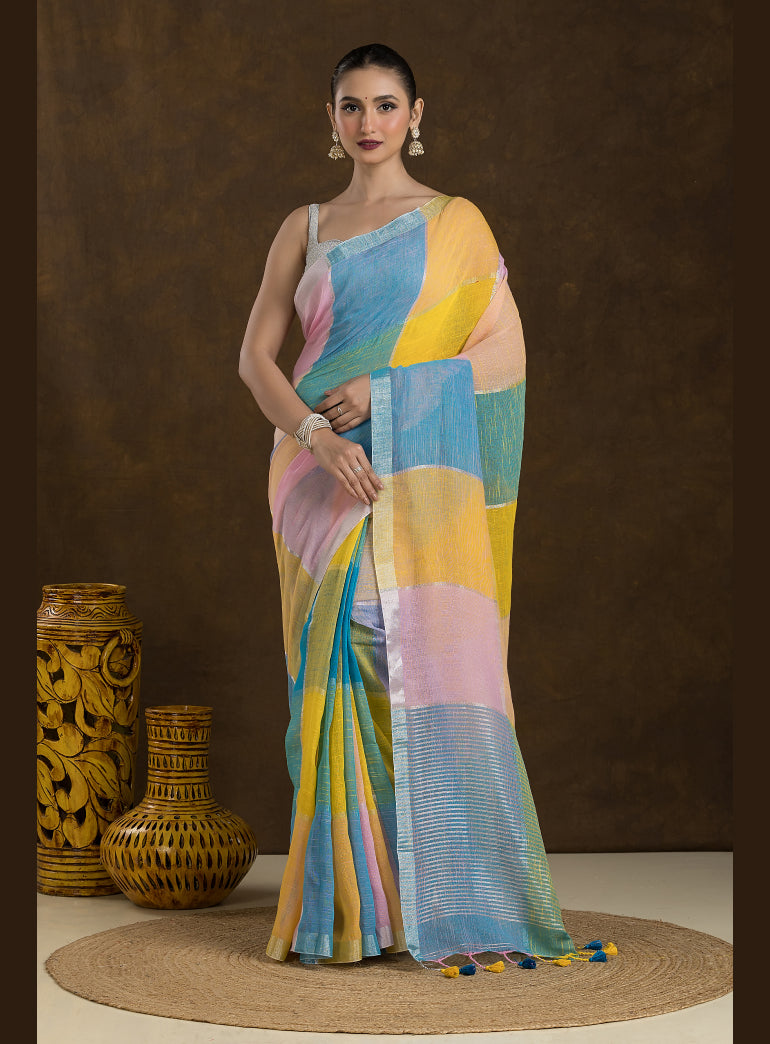 Multi-Coloured Checkered linen Saree